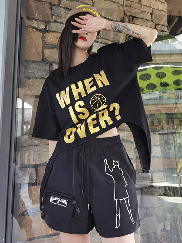 Stylish Letter&Character Print Asymmetric Short T-Shirt