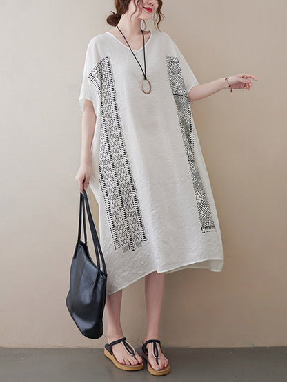 National Printed Batwing Sleeves Round-Neck Loose Midi Dress