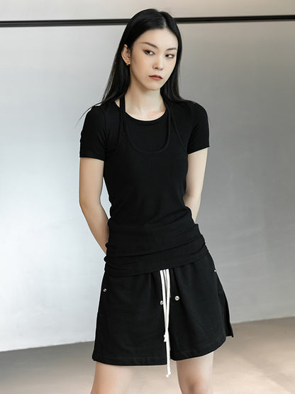 Stylish Halterneck Solid Color False Two Short Sleeves T-Shirt