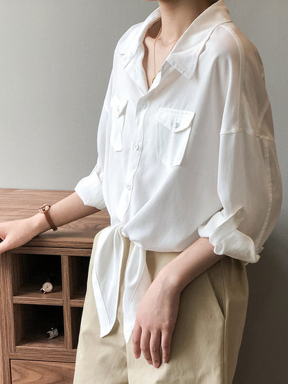 Urban Simple Solid Color Buttoned Split-Joint With Pocket Lapel Collar Long Sleeves Blouse