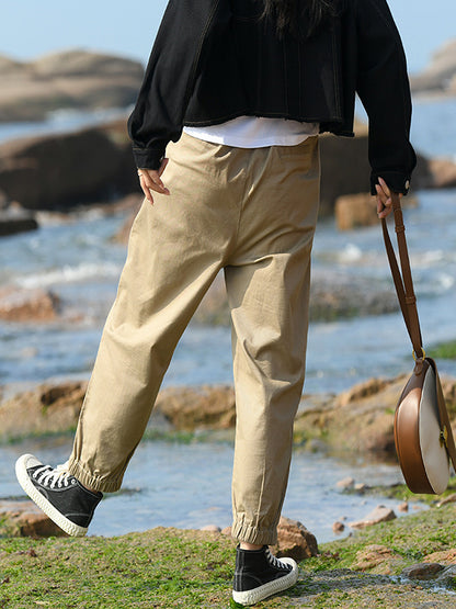 Artistic Retro Loose Elasticity Solid Color Casual Pants Bottoms