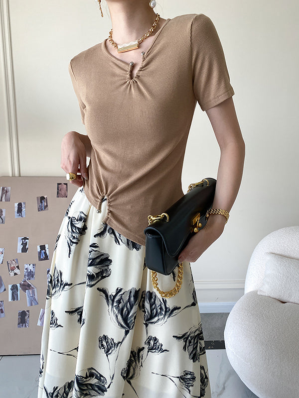 Original Casual Solid Color Pleated Skinny T-Shirt Top