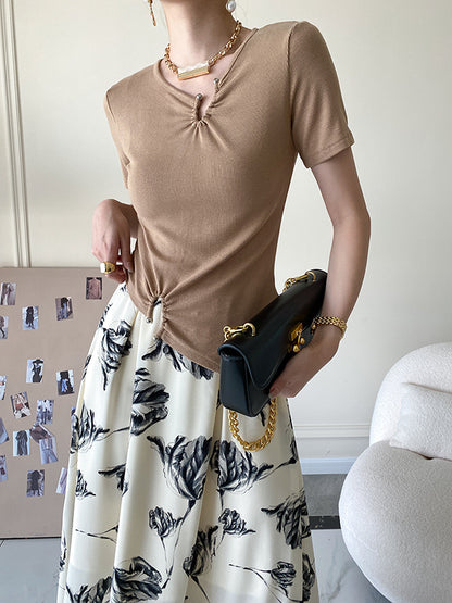 Original Casual Solid Color Pleated Skinny T-Shirt Top