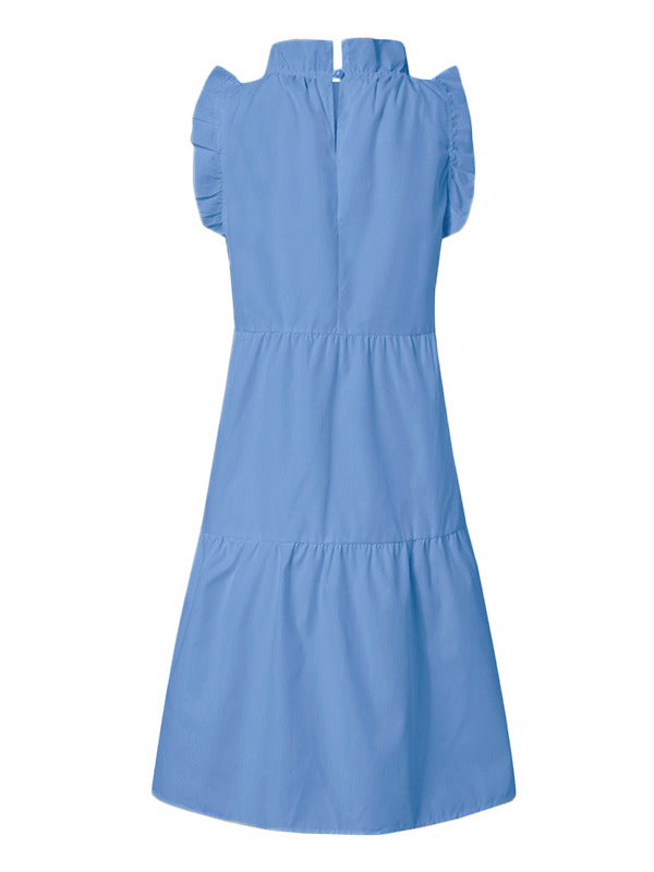 Stylish Solid Color Falbala Sleeveless Stand Collar Midi Dress