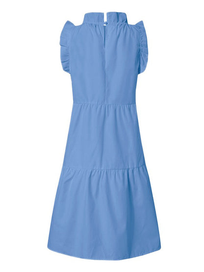 Stylish Solid Color Falbala Sleeveless Stand Collar Midi Dress