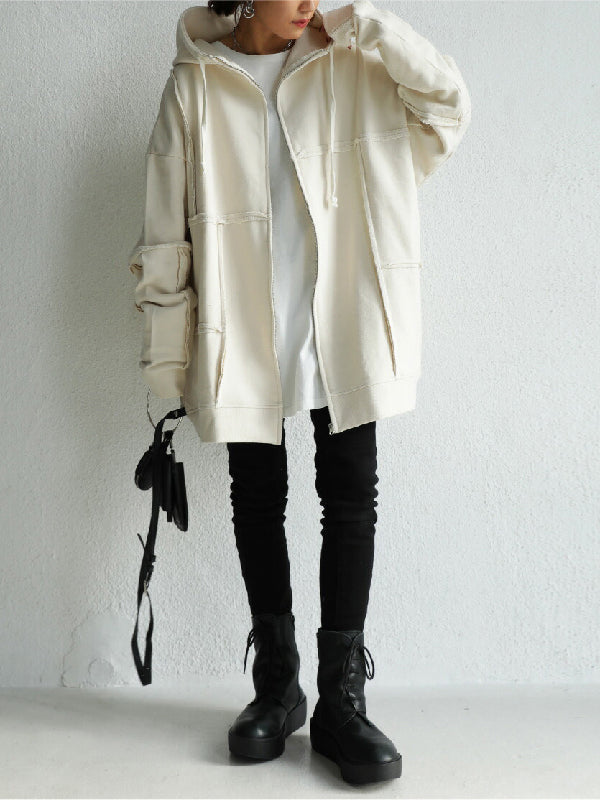 Stylish Loose Split-Joint Asymmetric Drawstring Hooded High-Neck Jacket Outerwear