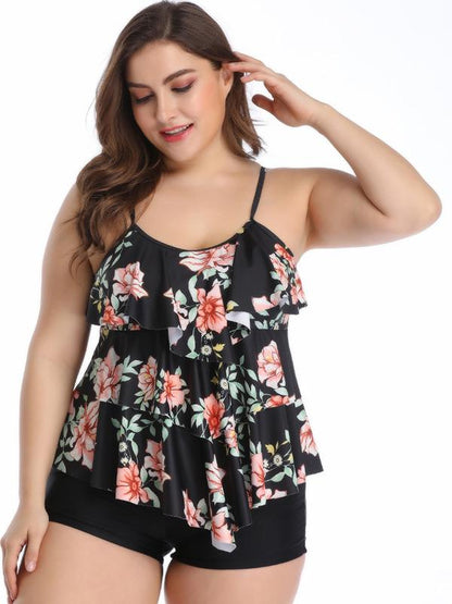 Plus Size Ruffled Printed Tankinis Swimwear