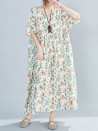 Casual Floral Printed Round-Neck Short Sleeves Midi Dress