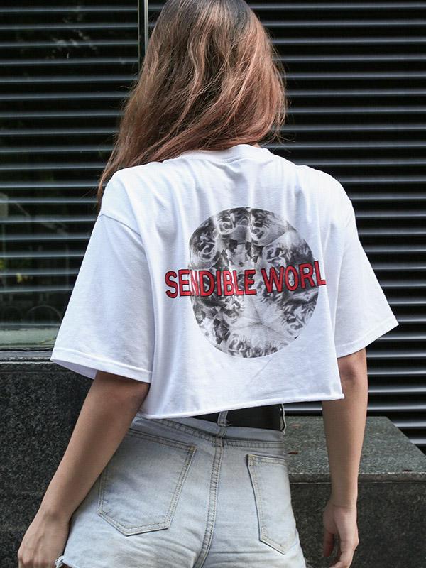 Fashion Printed Loose Exposed Navel T-Shirts Top