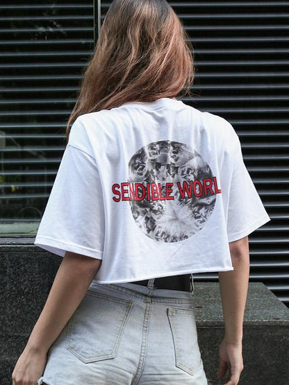 Fashion Printed Loose Exposed Navel T-Shirts Top