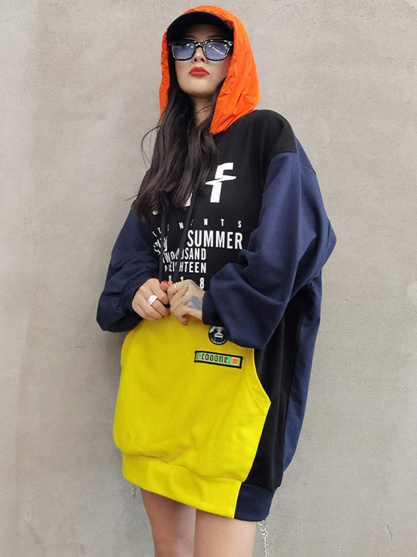 Original Split-Joint Contrast Color Letter Printed Batwing Sleeve Drawstring Hoodies