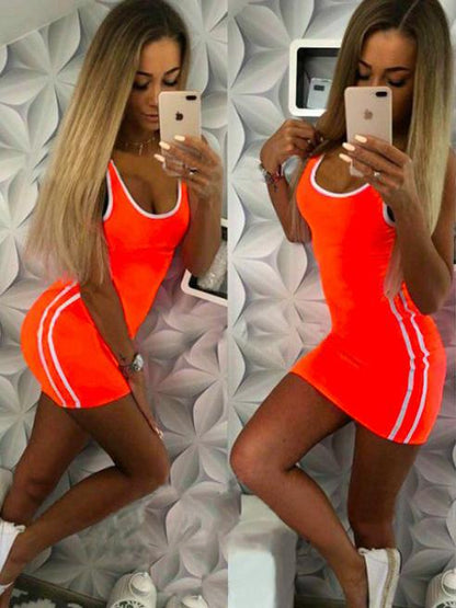 Solid Sports Sleeveless Waisted  Mini Dress