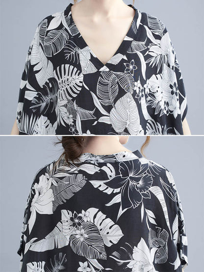 Loose Floral Printed V-Neck Half Sleeves Maxi Dress