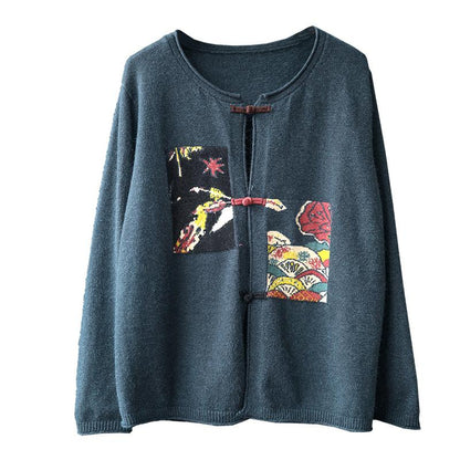 Buykud Printed Patchwork Single Breasted Knitted Coat