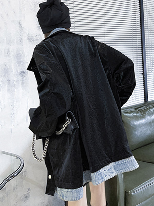 Original Stylish Cool Denim Split-Joint With Pocket Buttoned Lapel Collar Long Sleeves False Two Outwear