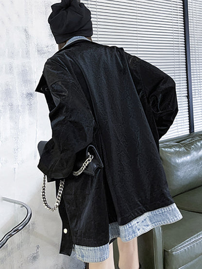 Original Stylish Cool Denim Split-Joint With Pocket Buttoned Lapel Collar Long Sleeves False Two Outwear