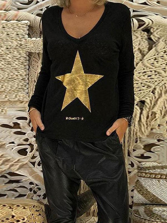 Printed V-neck Long Sleeve T-Shirt