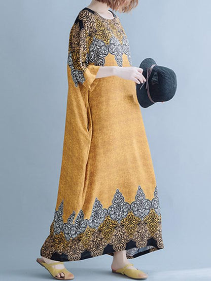 Casual Floral Printed Round-neck Maxi Dress