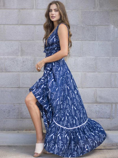 Asymmetric Belted Deep V-neck Maxi Dress