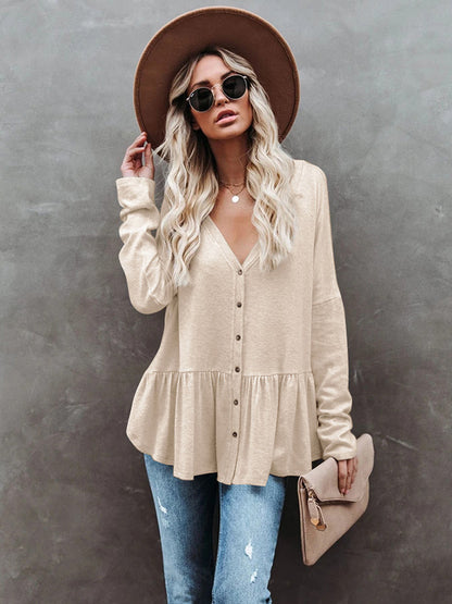 Casual 5 Colors Buttoned Falbala Pleated V-Neck Long Sleeves Outerwear