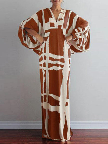 Original Casual Printed Color-Block V-Neck Batwing Sleeves Maxi Dress
