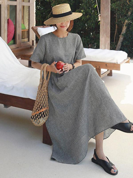 Ramie Cotton Plus Size Plaid Fresh Midi Dresses