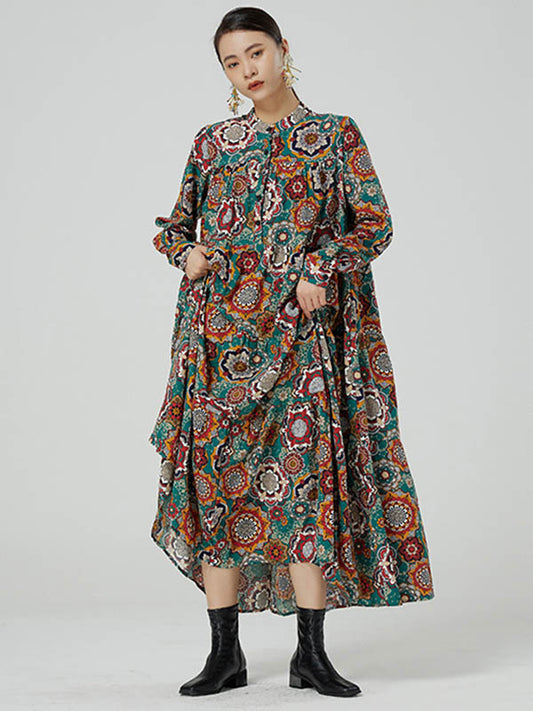 Vintage Contrast Color Printed Long Sleeves Loose Midi Dresses