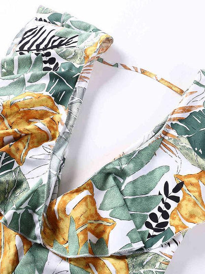 Printed Leaf Pattern Falbala Bohemia Jumpsuits