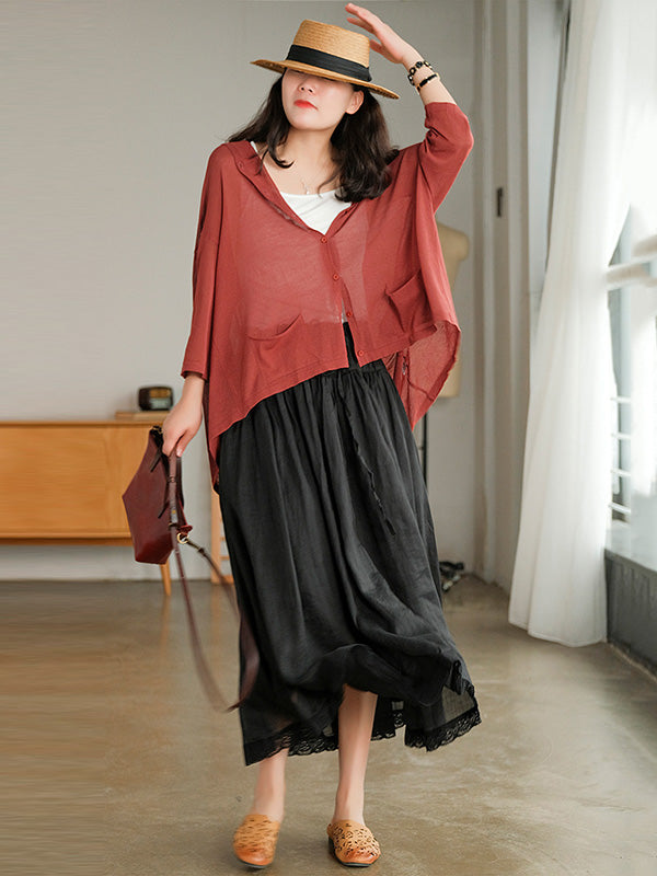 Casual Batwing Sleeve Hooded High-Low V-Neck Buttoned Cardigans