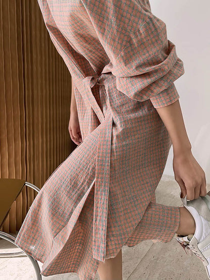 Urban Asymmetric Plaid Round-Neck Batwing Sleeve Shirt Dress