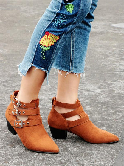 Vintage Hollow Buckle Pointed Booties