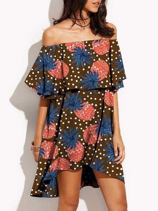 Flat Shoulder Pineapple Print Hi-low Mini Beach Dress