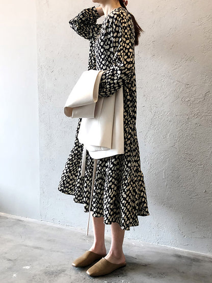 Stylish Polka-Dot Pleated Round-Neck Long Sleeves Loose Midi Dress