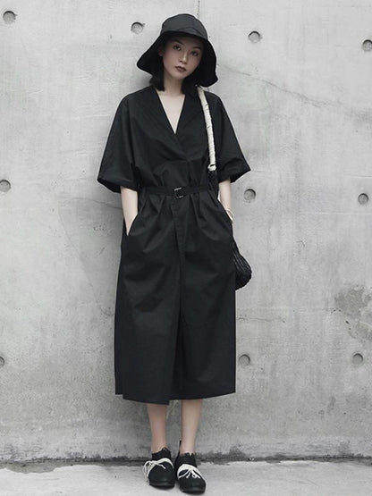 Solid V-neck Short Sleeves Dress