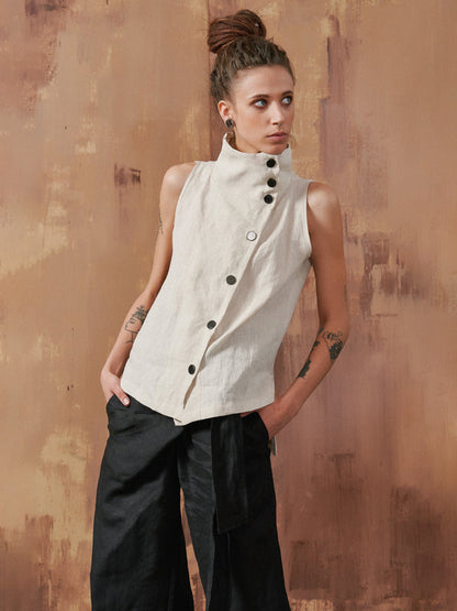 Vintage Ramie Cotton Split-Side Sleeveless Stand Collar Vest Top