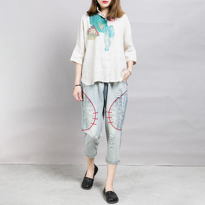 Casual Frayed Embroidery Drawstring Loose Jeans