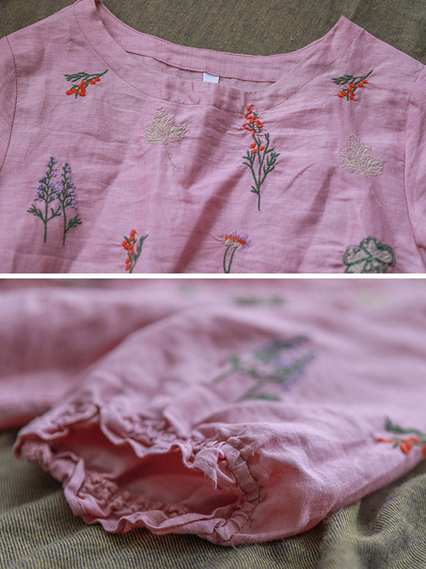 Ramie Cotton Embroidered Round-Neck Short Sleeve T-Shirts Tops