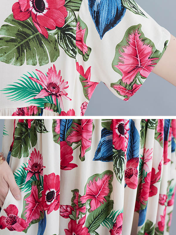 Artistic Retro Loose Floral Printed Pleated Round-Neck Half Sleeves Midi Dress