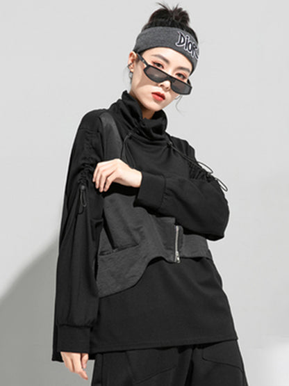 Autumn Loose Drawstring High-Neck False Two T-Shirt