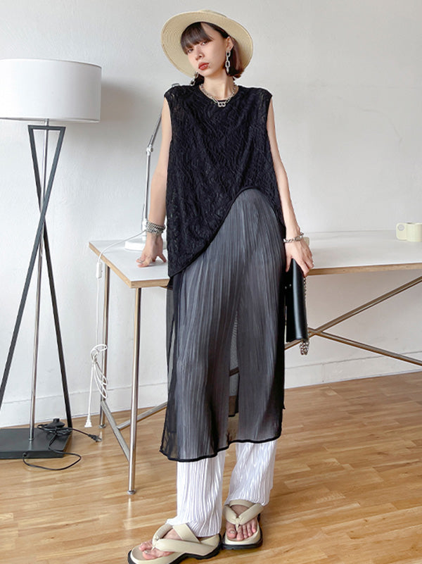 Stylish Asymmetric Hollow Split-Joint See-Through Round-Neck Vest