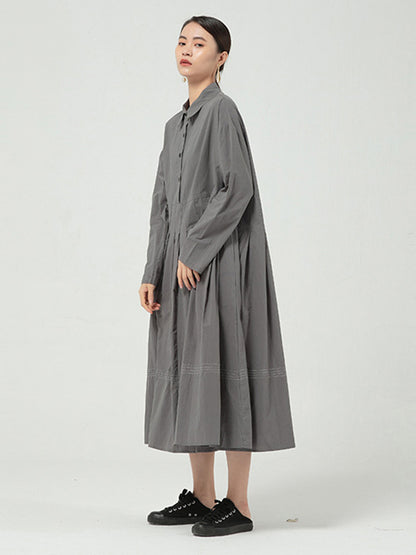 Casual Solid Color Buttoned Pleated Lapel Collar Long Sleeves Midi Dress