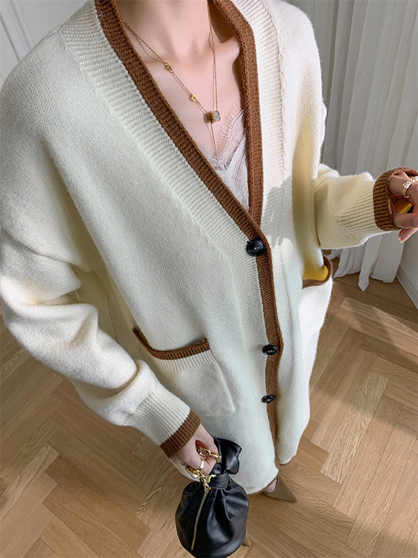 Stylish Loose Long Sleeves Split-Joint V-Neck With Pockets Cardigan Tops