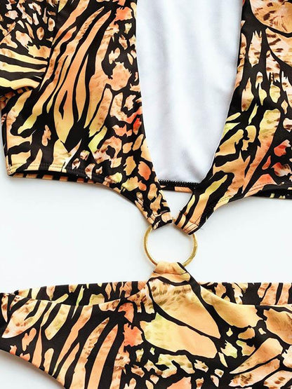 Long Sleeves Hollow Printed Siamese Swimwear