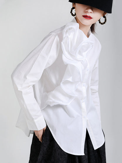 Stylish Falbala Split-Joint Solid Color Buttoned Stand Collar Long Sleeves Blouse