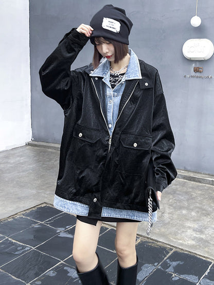 Original Stylish Cool Denim Split-Joint With Pocket Buttoned Lapel Collar Long Sleeves False Two Outwear