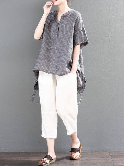 Loose Striped T-shirt + Solid Casual Pants Suits