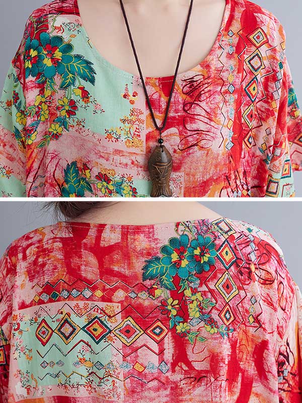 Vintage Floral Printed Round-Neck Short Sleeves Midi Dress