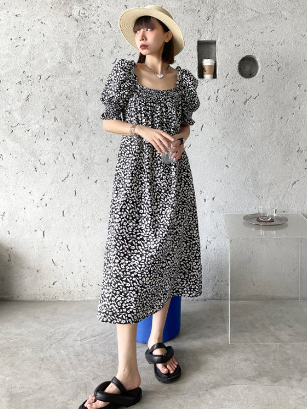 Fashion Floral Printed Square-Neck Puff Sleeves A-Line Midi Dress