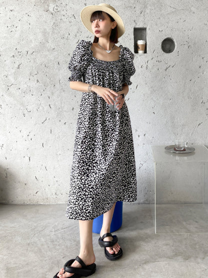 Fashion Floral Printed Square-Neck Puff Sleeves A-Line Midi Dress