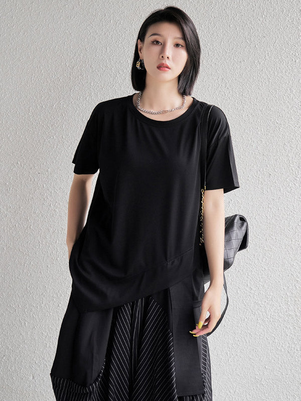 Original Black&White Asymmetric Round-Neck Short Sleeves T-Shirts